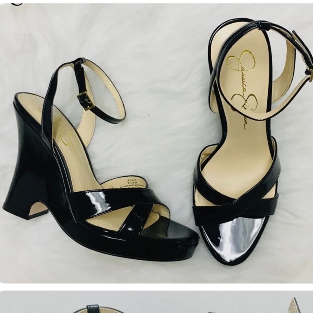Jessica Simpson OJILLY Black Patent High Wedge Square Open Toe Sandal 8.5